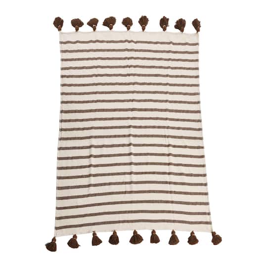 Brown Wide Striped Cotton Throw Blanket with Tassels